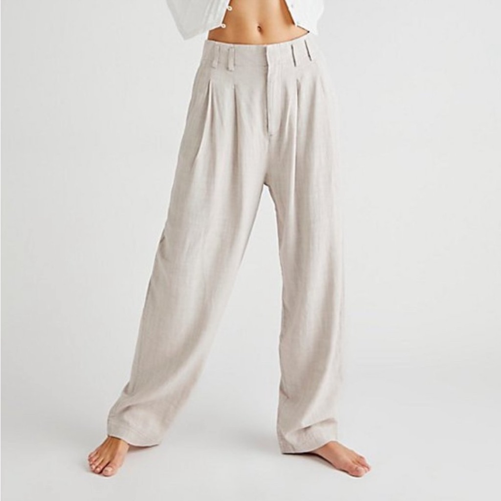 Free People Calla Linen Blend Pleated Trousers In Stone (Beige) Sz 8